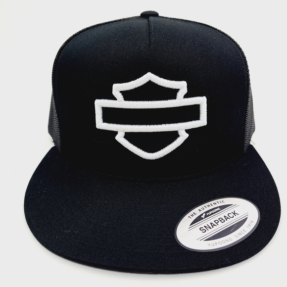 Harley Bar & Shield Flat Bill Snapback Baseball Cap Hat Black Embroidered - Picture 1 of 4